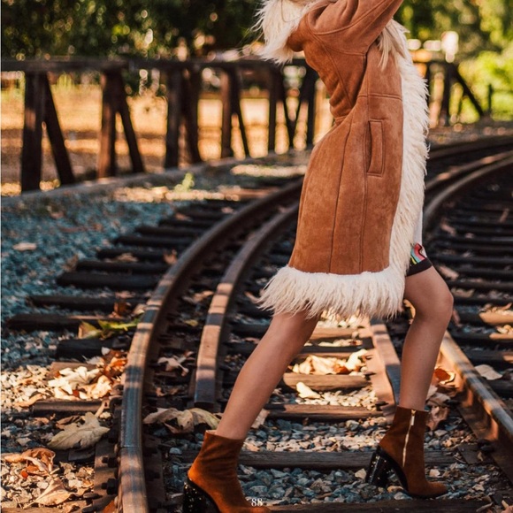 Women's Tan Penny Lane Afghan Suede Leather Coat - Vintage Long Boho - Picture 6 of 7